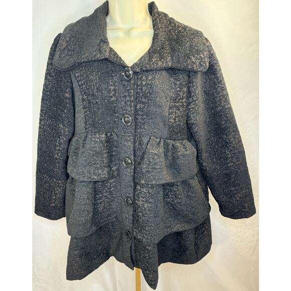 Gorgeous Ruffle Brocade Pea Coat - Black & Chocolate - Size XL (Juniors Sizing) - Picture 9 of 16